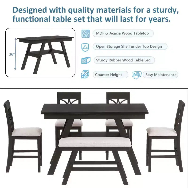 Ensemble de table à manger Whisen Rustic 6 pièces à hauteur de comptoir avec banc et 4 chaises rembourrées