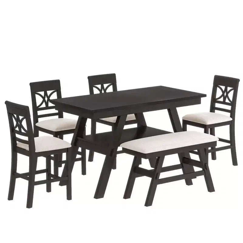 Ensemble de table à manger Whisen Rustic 6 pièces à hauteur de comptoir avec banc et 4 chaises rembourrées