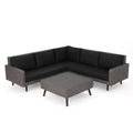 GDFStudio Hensley Outdoor Wicker 5 Seater V-Shape Sectional Sofa Chat Set with Cushions, Mixed Black/Dark Gray