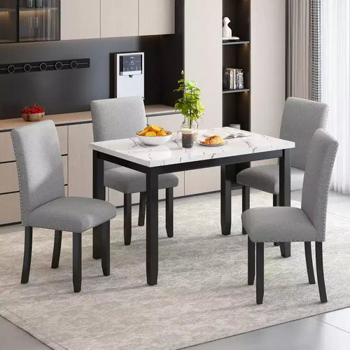 5-Piece Dining Table Set Dining Set with Faux Marble Dining Table, 4 Thicken Cushion Dining Chairs, Gray/White-ModernLuxe