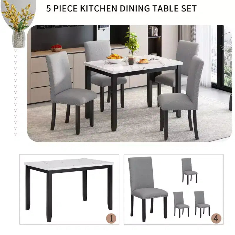 Ensemble de salle à manger 5 pièces avec table à manger en faux marbre, 4 chaises de salle à manger épaisses et rembourrées, gris/blanc - ModernLuxe