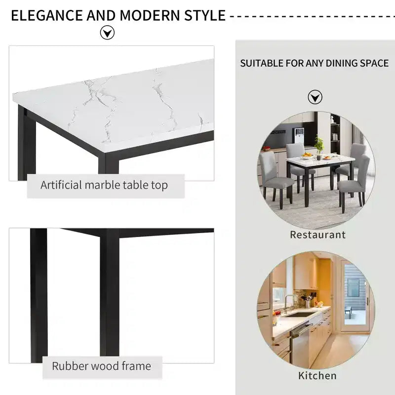 Ensemble de salle à manger 5 pièces avec table à manger en faux marbre, 4 chaises de salle à manger épaisses et rembourrées, gris/blanc - ModernLuxe