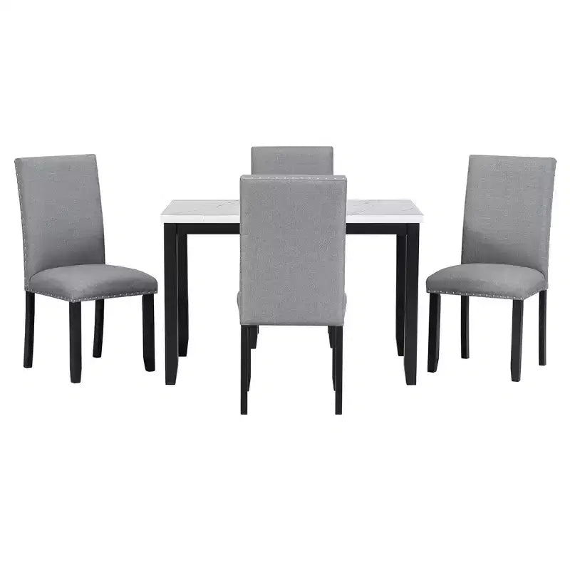Ensemble de salle à manger 5 pièces avec table à manger en faux marbre, 4 chaises de salle à manger épaisses et rembourrées, gris/blanc - ModernLuxe