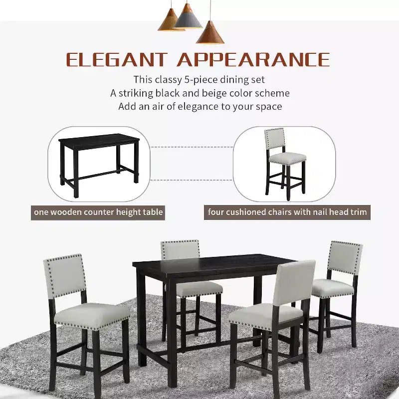 Ensemble de salle à manger 5 pièces à hauteur de comptoir, avec table de salle à manger classique et 4 chaises de salle à manger rembourrées, finition bois naturel/espresso - ModernLuxe