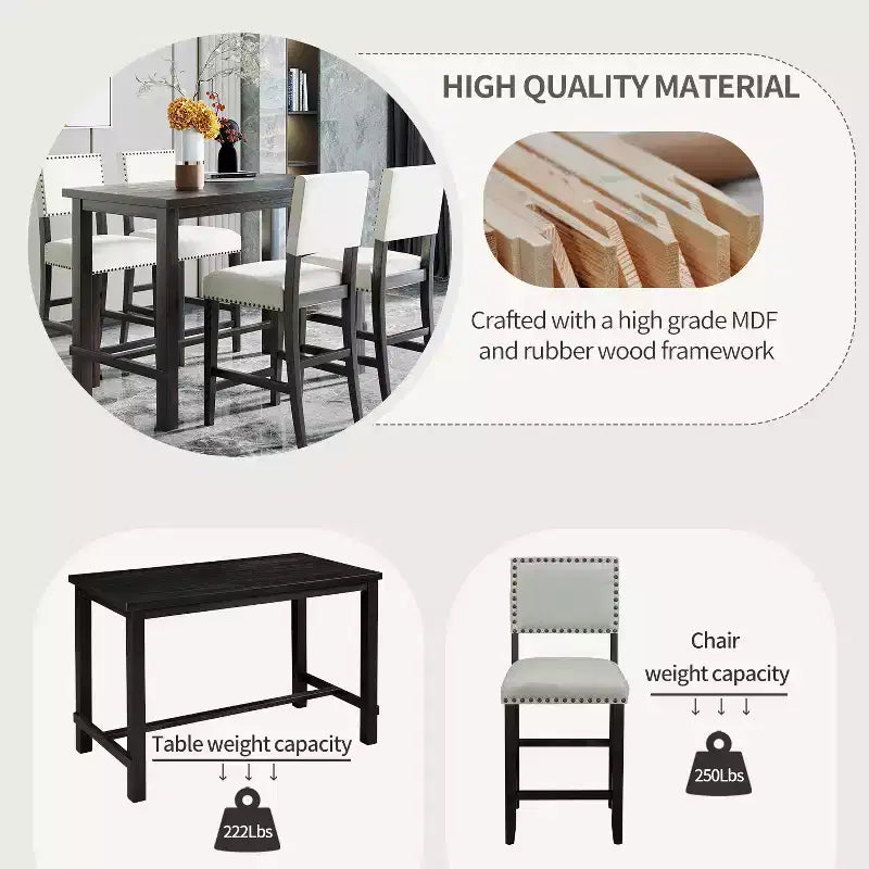 Ensemble de salle à manger 5 pièces à hauteur de comptoir, avec table de salle à manger classique et 4 chaises de salle à manger rembourrées, finition bois naturel/espresso - ModernLuxe