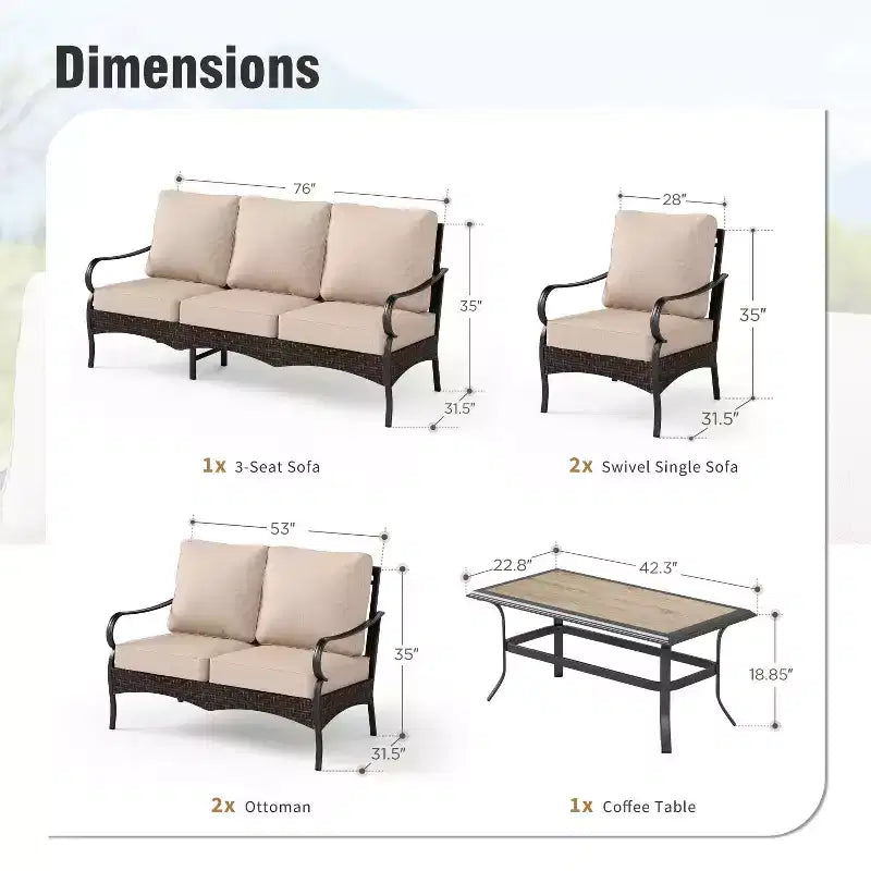 Captiva Designs Ensemble de conversation d'extérieur 5 pièces extra large en métal et rotin avec table basse et causeuse