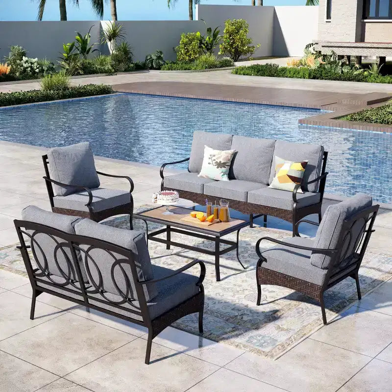 Captiva Designs Ensemble de conversation d'extérieur 5 pièces extra large en métal et rotin avec table basse et causeuse