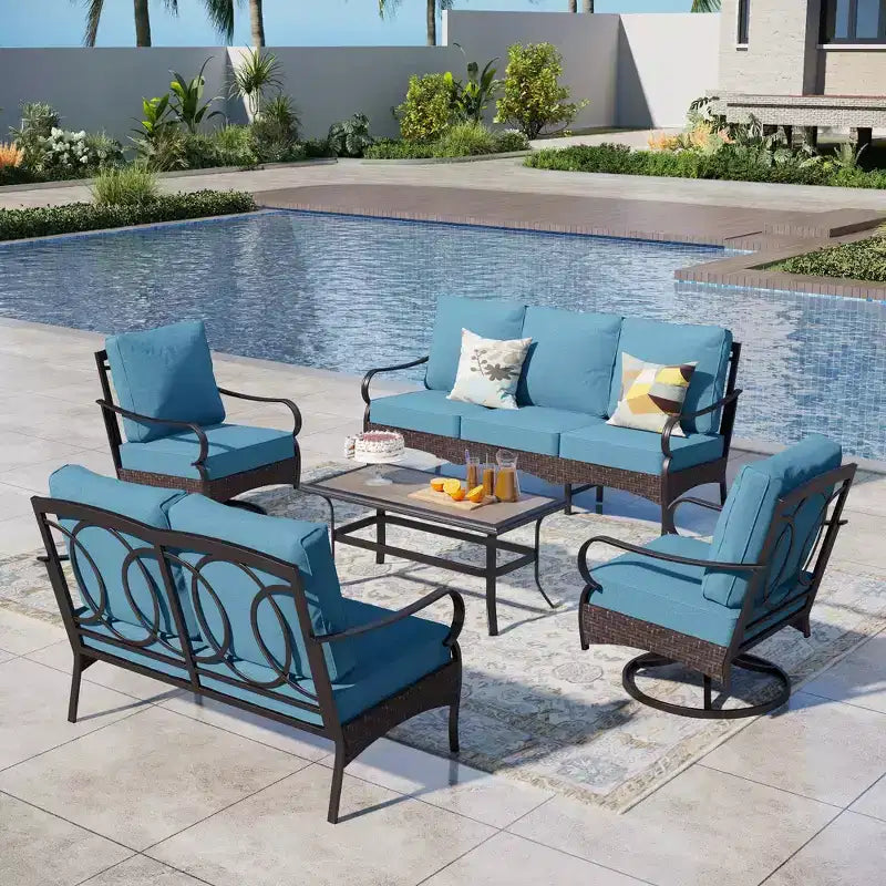 Captiva Designs Ensemble de conversation extérieur 5 pièces en métal et rotin extra large avec fauteuils pivotants et causeuse