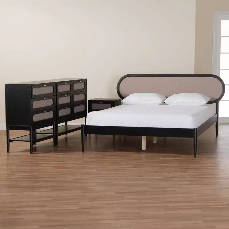 Ensemble de chambre 4 pièces Shirin queen en tissu beige et bois noir de style milieu de siècle Baxton Studio