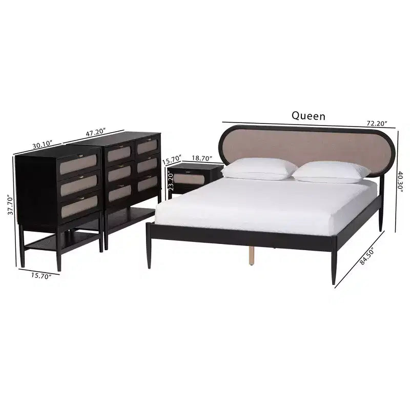 Ensemble de chambre 4 pièces Shirin queen en tissu beige et bois noir de style milieu de siècle Baxton Studio