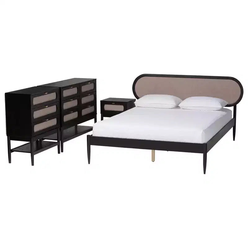Ensemble de chambre 4 pièces Shirin queen en tissu beige et bois noir de style milieu de siècle Baxton Studio