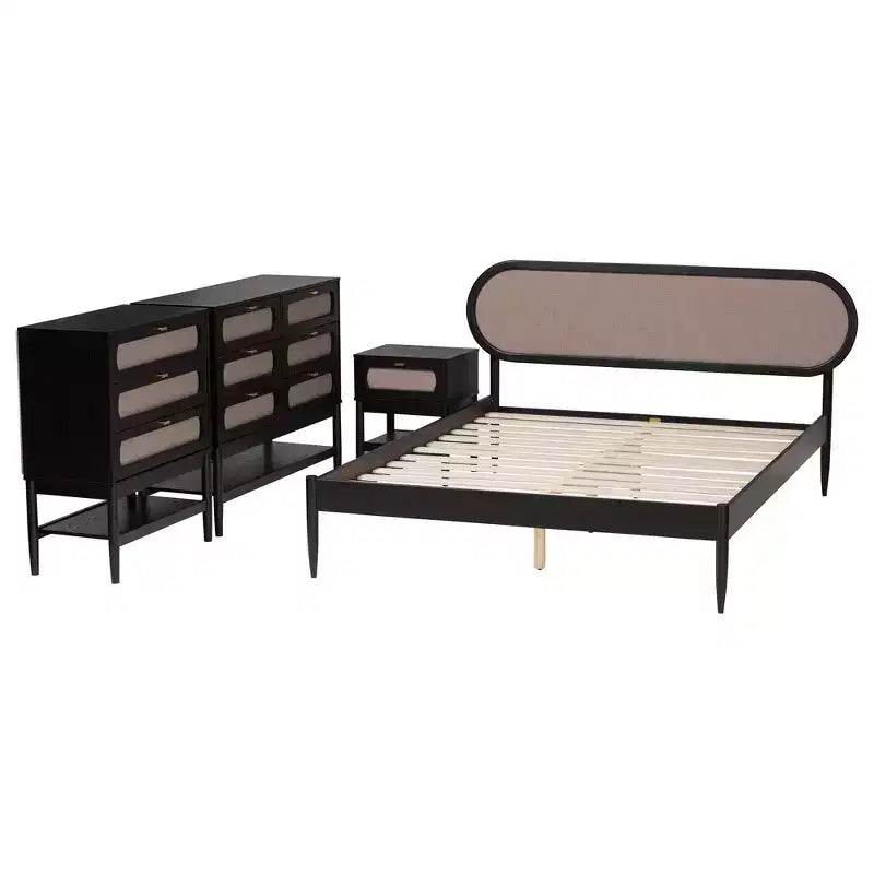 Ensemble de chambre 4 pièces Shirin queen en tissu beige et bois noir de style milieu de siècle Baxton Studio