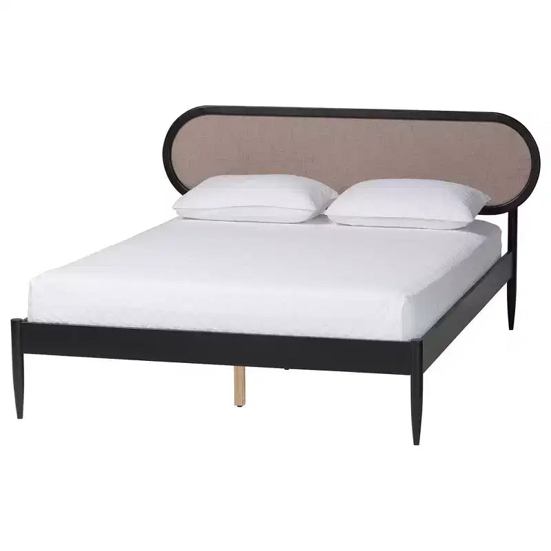 Ensemble de chambre 4 pièces Shirin queen en tissu beige et bois noir de style milieu de siècle Baxton Studio