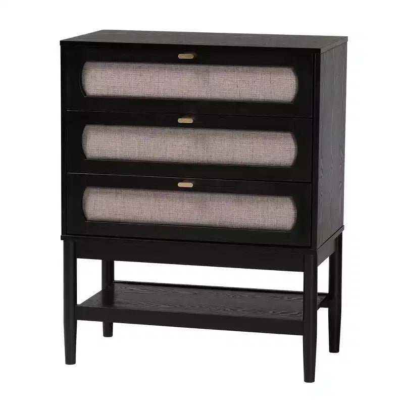 Ensemble de chambre 4 pièces Shirin queen en tissu beige et bois noir de style milieu de siècle Baxton Studio