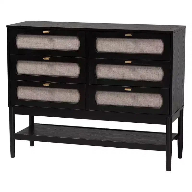 Ensemble de chambre 4 pièces Shirin queen en tissu beige et bois noir de style milieu de siècle Baxton Studio