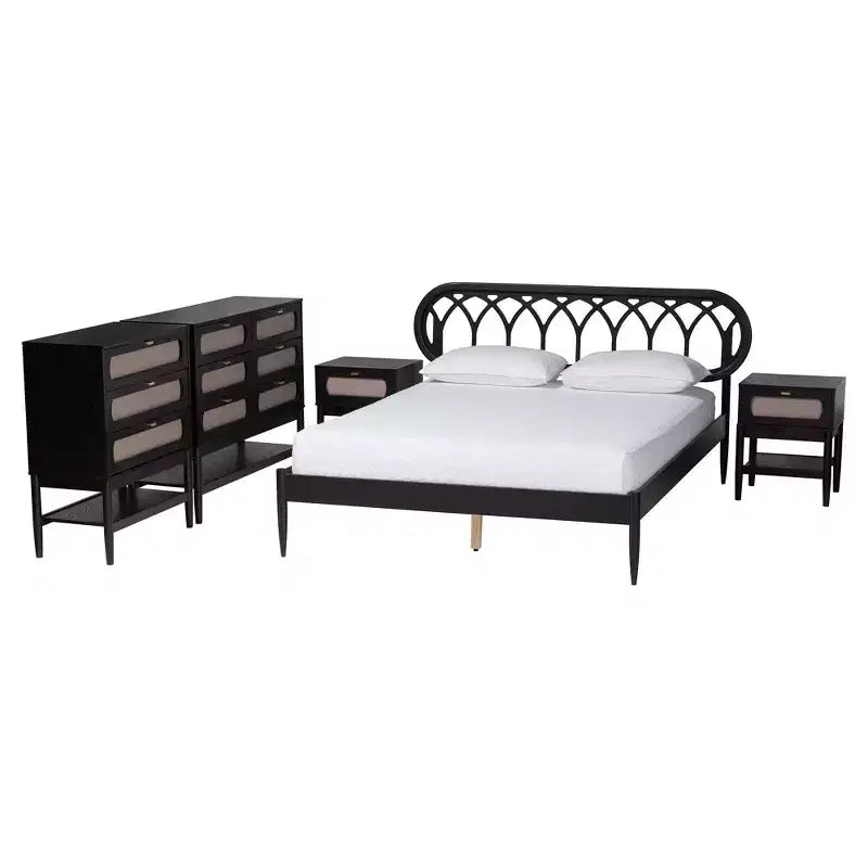Ensemble de chambre à coucher 5 pièces Florica Art déco en bois noir Queen de Baxton Studio