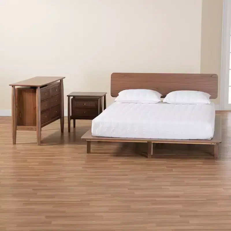 Ensemble de chambre à coucher 3 pièces Baxton Studio Alyssa Japandi en bois de noyer brun