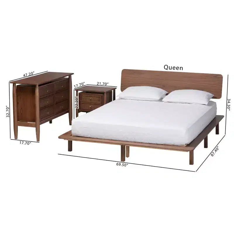 Ensemble de chambre à coucher 3 pièces Baxton Studio Alyssa Japandi en bois de noyer brun