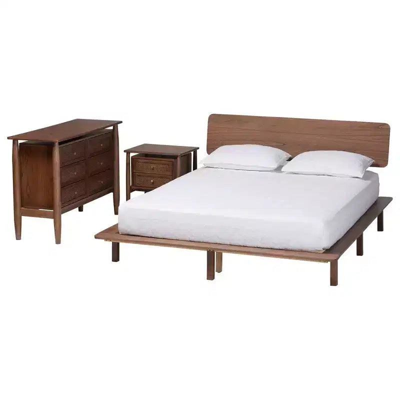 Ensemble de chambre à coucher 3 pièces Baxton Studio Alyssa Japandi en bois de noyer brun