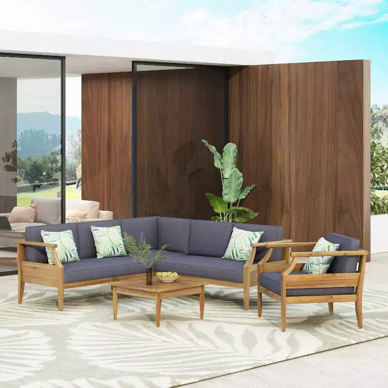 Christopher Knight Home Aston Sectionnel d'extérieur 5 places en bois d'acacia avec fauteuil club, teck et gris foncé