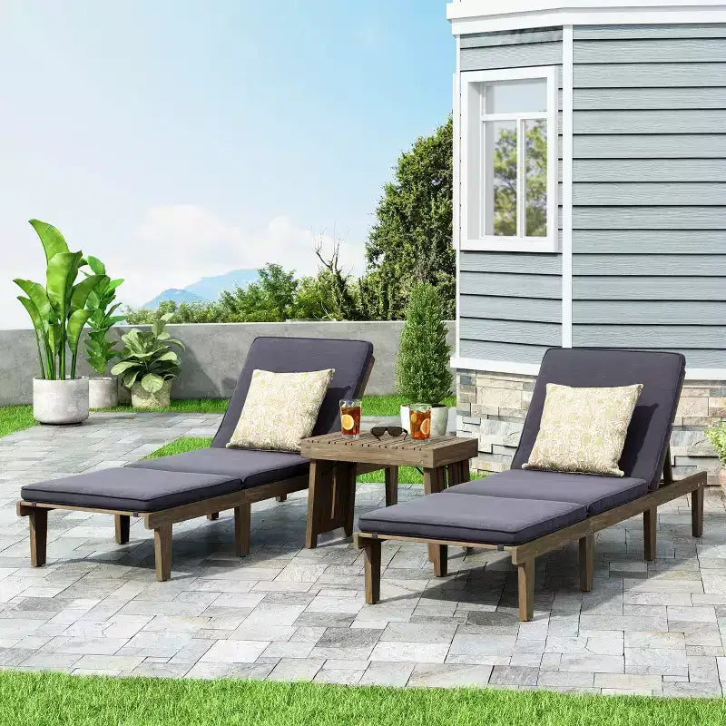 Christopher Knight Home Alisa Outdoor Acacia Wood 3 Piece Adjustable Armless Chaise Lounge Chat Set with Cushions