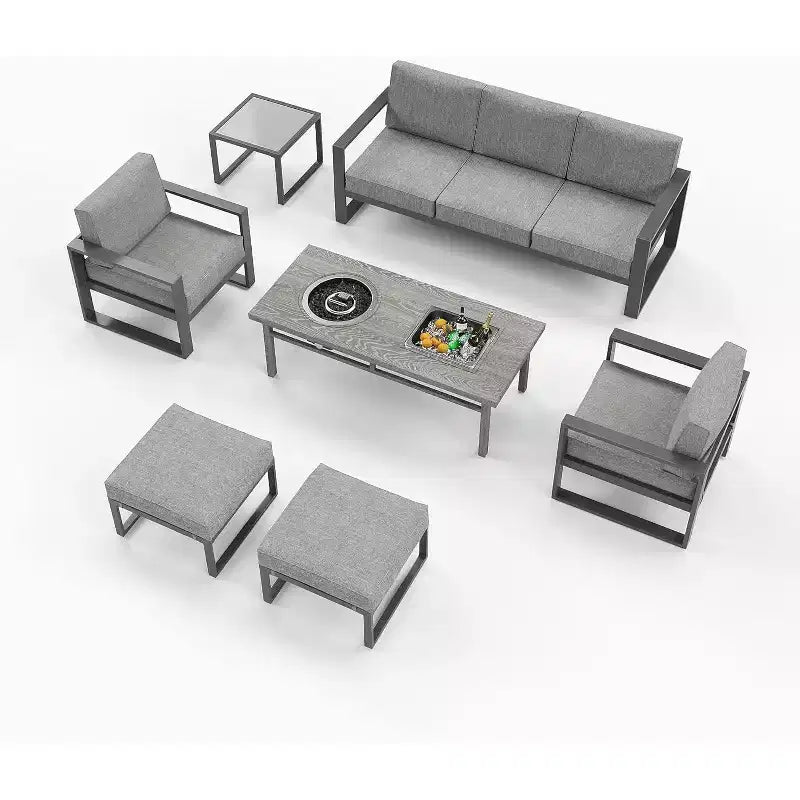 Ensemble de meubles de patio en aluminium Heynemo avec table brasero, 7 pièces, mobilier de jardin moderne avec poufs et table basse