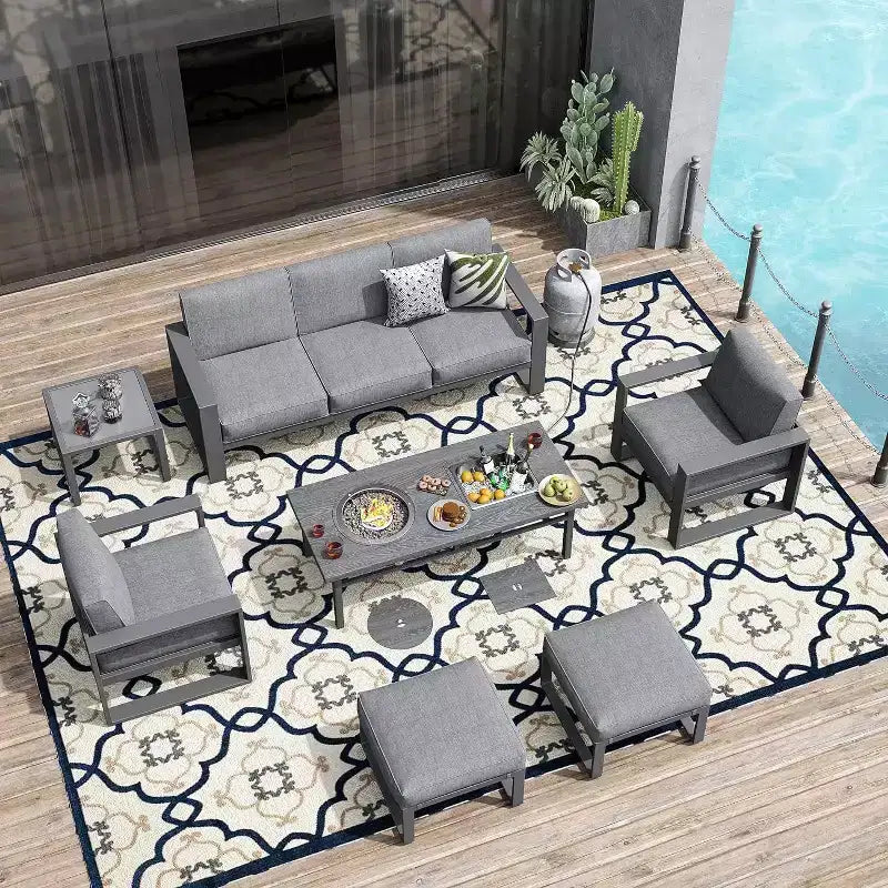 Ensemble de meubles de patio en aluminium Heynemo avec table brasero, 7 pièces, mobilier de jardin moderne avec poufs et table basse