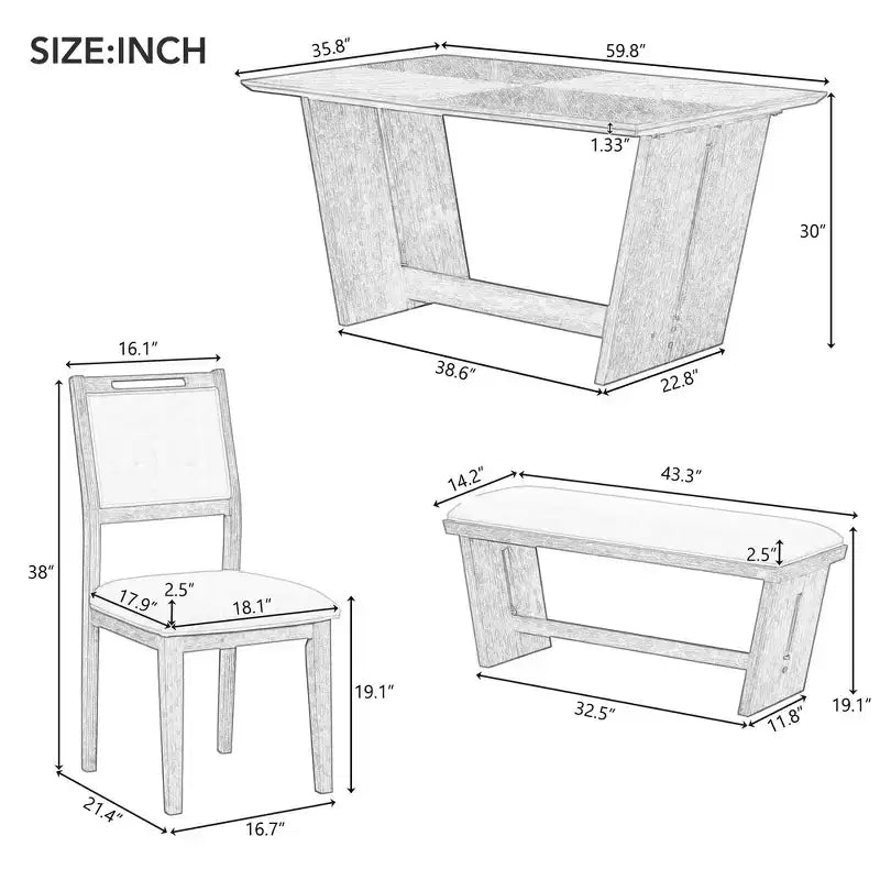 Whisen Ensemble de 6 pièces de table et chaises de salle à manger de cuisine rétro pour 6 personnes, ensemble table et chaises de cuisine en bois avec banc, piètement à tréteaux, coussin moelleux