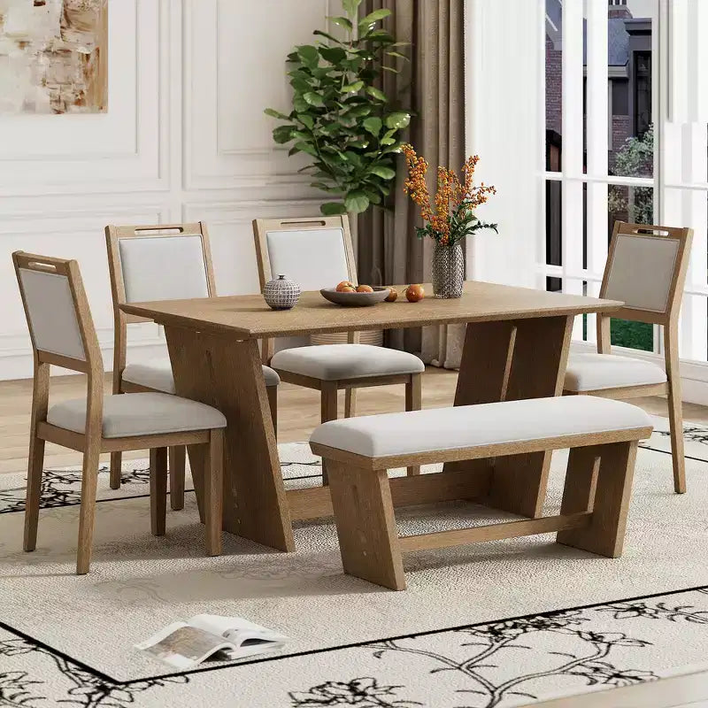 Whisen Ensemble de 6 pièces de table et chaises de salle à manger de cuisine rétro pour 6 personnes, ensemble table et chaises de cuisine en bois avec banc, piètement à tréteaux, coussin moelleux