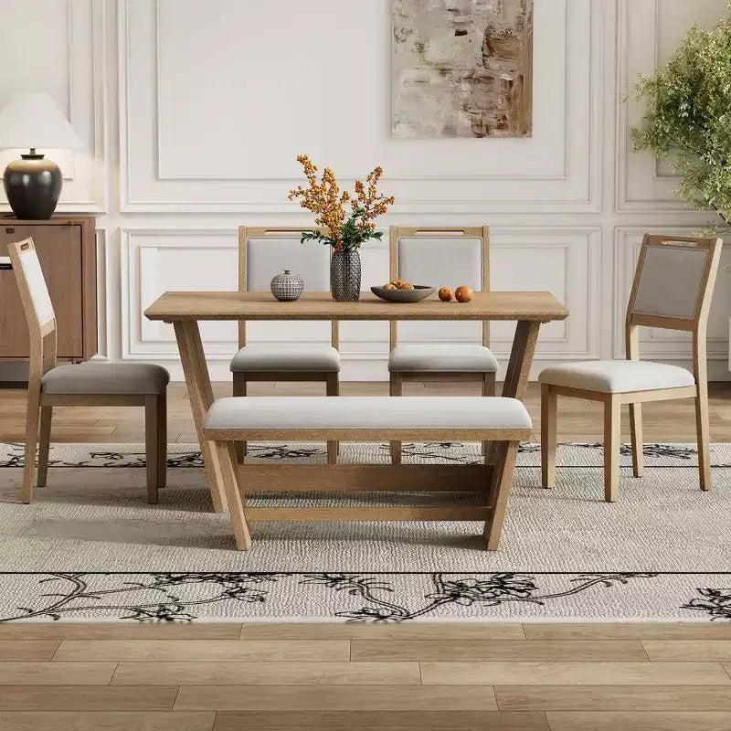 Whisen Ensemble de 6 pièces de table et chaises de salle à manger de cuisine rétro pour 6 personnes, ensemble table et chaises de cuisine en bois avec banc, piètement à tréteaux, coussin moelleux