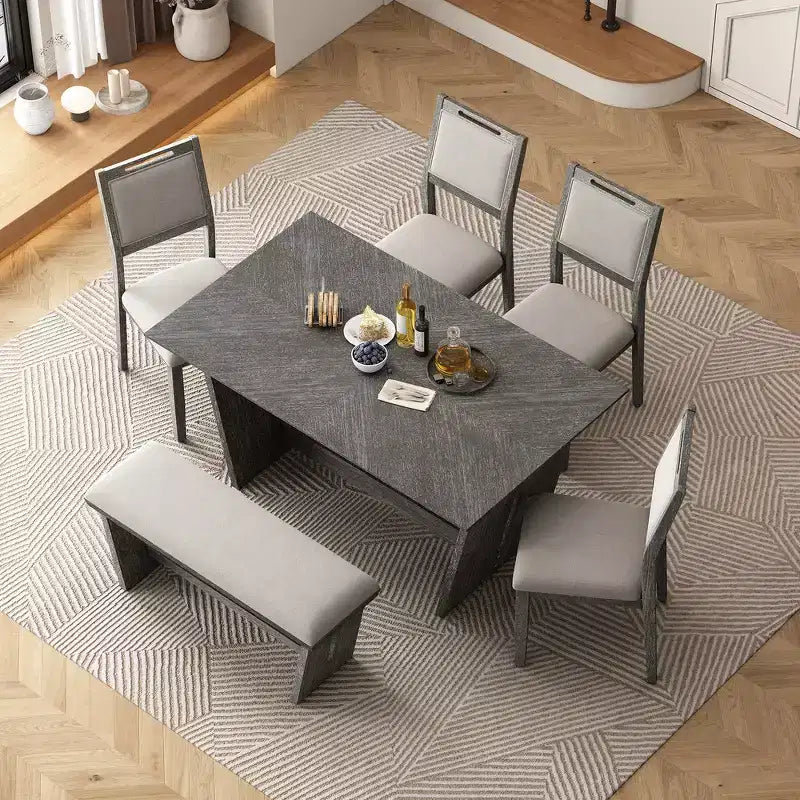 Whisen Ensemble de 6 pièces de table et chaises de salle à manger de cuisine rétro pour 6 personnes, ensemble table et chaises de cuisine en bois avec banc, piètement à tréteaux, coussin moelleux