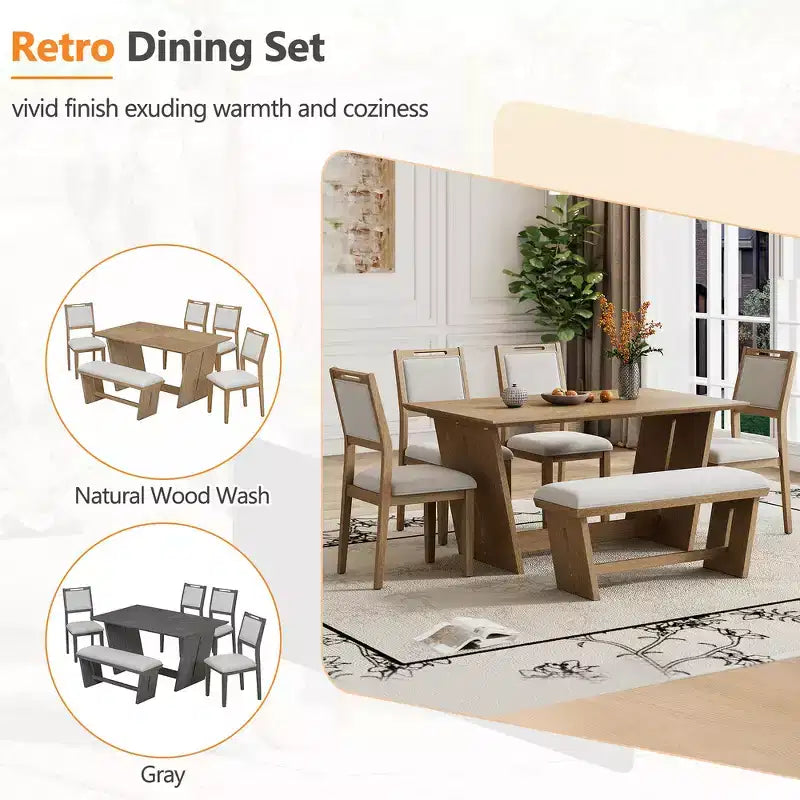 Whisen Ensemble de 6 pièces de table et chaises de salle à manger de cuisine rétro pour 6 personnes, ensemble table et chaises de cuisine en bois avec banc, piètement à tréteaux, coussin moelleux