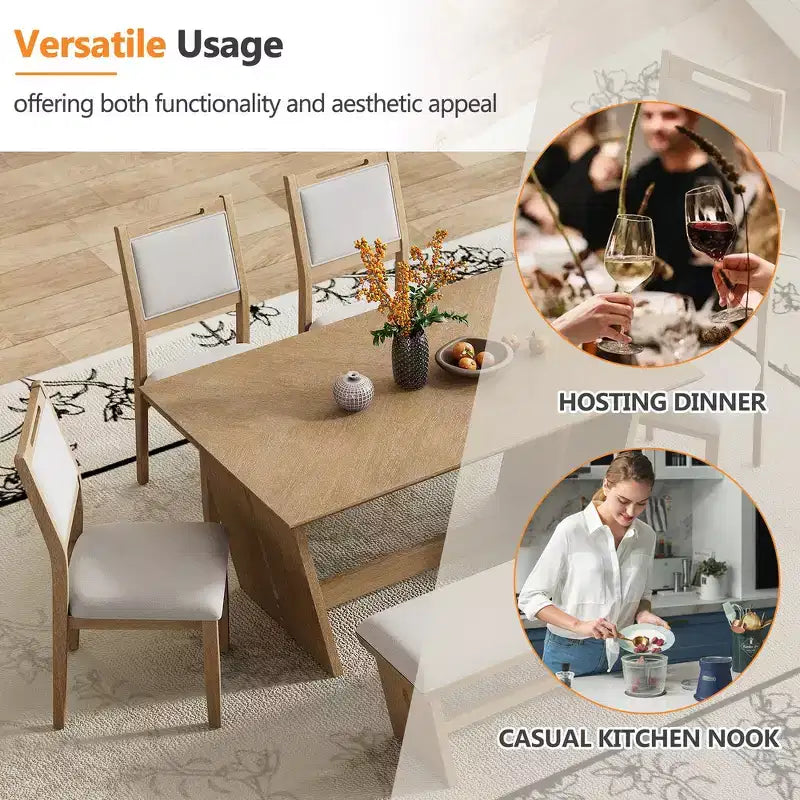 Whisen Ensemble de 6 pièces de table et chaises de salle à manger de cuisine rétro pour 6 personnes, ensemble table et chaises de cuisine en bois avec banc, piètement à tréteaux, coussin moelleux