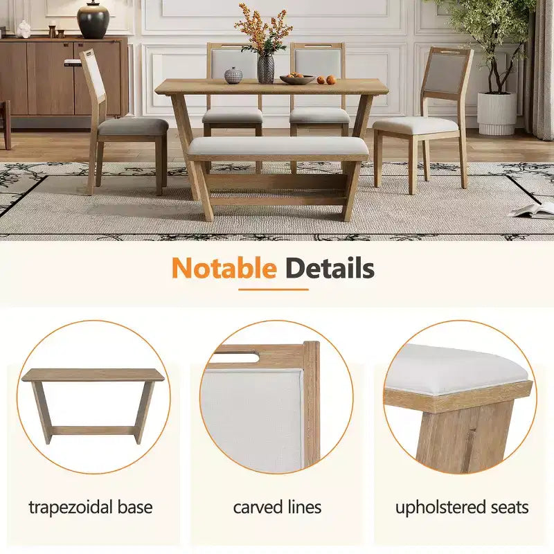 Whisen Ensemble de 6 pièces de table et chaises de salle à manger de cuisine rétro pour 6 personnes, ensemble table et chaises de cuisine en bois avec banc, piètement à tréteaux, coussin moelleux