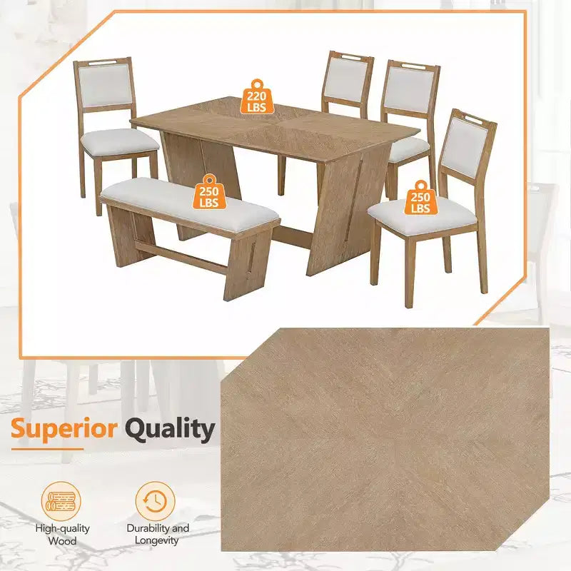Whisen Ensemble de 6 pièces de table et chaises de salle à manger de cuisine rétro pour 6 personnes, ensemble table et chaises de cuisine en bois avec banc, piètement à tréteaux, coussin moelleux