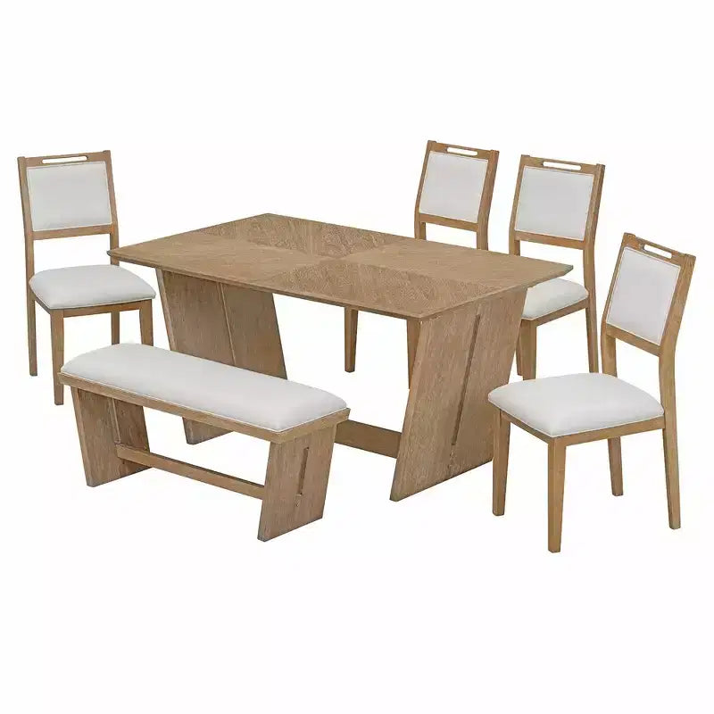 Whisen Ensemble de 6 pièces de table et chaises de salle à manger de cuisine rétro pour 6 personnes, ensemble table et chaises de cuisine en bois avec banc, piètement à tréteaux, coussin moelleux