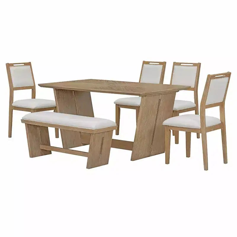 Whisen Ensemble de 6 pièces de table et chaises de salle à manger de cuisine rétro pour 6 personnes, ensemble table et chaises de cuisine en bois avec banc, piètement à tréteaux, coussin moelleux