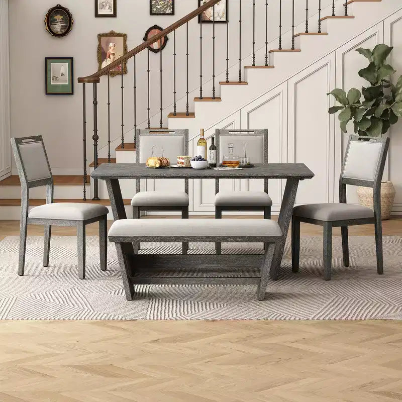 Whisen Ensemble de 6 pièces de table et chaises de salle à manger de cuisine rétro pour 6 personnes, ensemble table et chaises de cuisine en bois avec banc, piètement à tréteaux, coussin moelleux