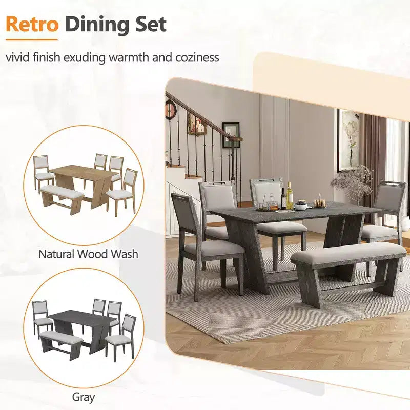 Whisen Ensemble de 6 pièces de table et chaises de salle à manger de cuisine rétro pour 6 personnes, ensemble table et chaises de cuisine en bois avec banc, piètement à tréteaux, coussin moelleux