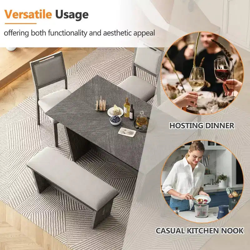 Whisen Ensemble de 6 pièces de table et chaises de salle à manger de cuisine rétro pour 6 personnes, ensemble table et chaises de cuisine en bois avec banc, piètement à tréteaux, coussin moelleux