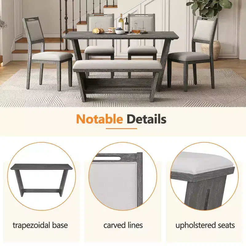Whisen Ensemble de 6 pièces de table et chaises de salle à manger de cuisine rétro pour 6 personnes, ensemble table et chaises de cuisine en bois avec banc, piètement à tréteaux, coussin moelleux