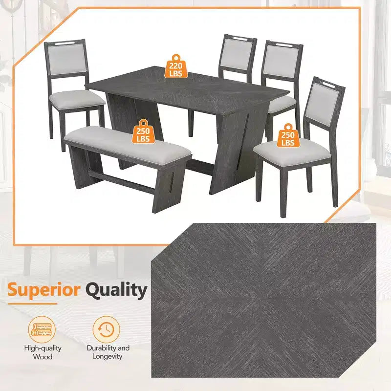 Whisen Ensemble de 6 pièces de table et chaises de salle à manger de cuisine rétro pour 6 personnes, ensemble table et chaises de cuisine en bois avec banc, piètement à tréteaux, coussin moelleux