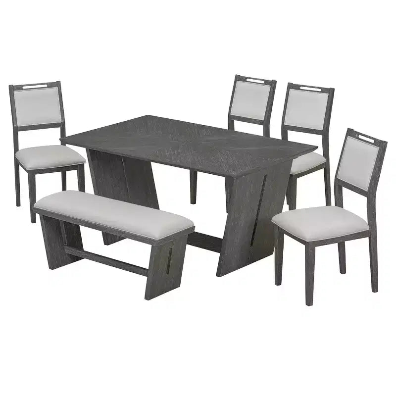 Whisen Ensemble de 6 pièces de table et chaises de salle à manger de cuisine rétro pour 6 personnes, ensemble table et chaises de cuisine en bois avec banc, piètement à tréteaux, coussin moelleux