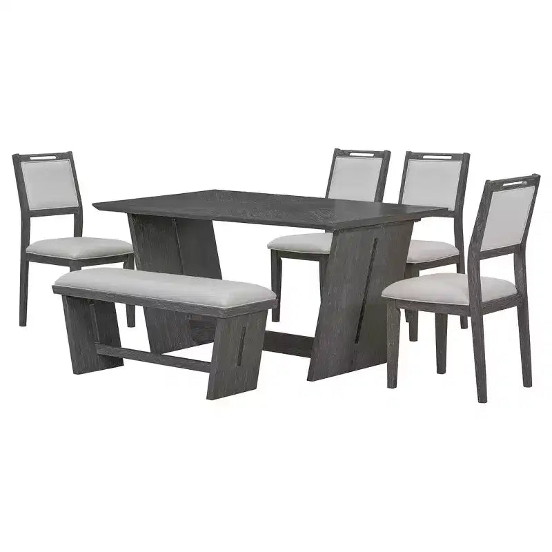 Whisen Ensemble de 6 pièces de table et chaises de salle à manger de cuisine rétro pour 6 personnes, ensemble table et chaises de cuisine en bois avec banc, piètement à tréteaux, coussin moelleux