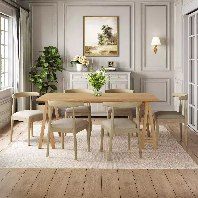 Ensemble de salle à manger en bois d'hévéa rembourré de 7 pièces de style moderne du milieu du siècle Christopher Knight Home Vanus