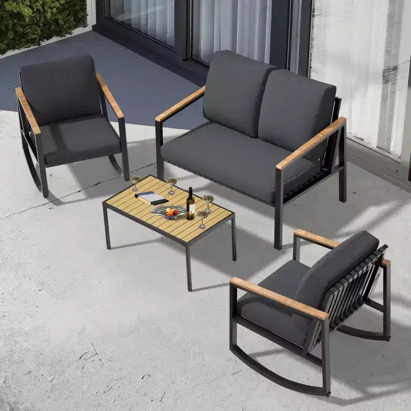 Ensemble de conversation d'extérieur 4 pièces en métal avec coussins, 2 chaises à bascule et table basse