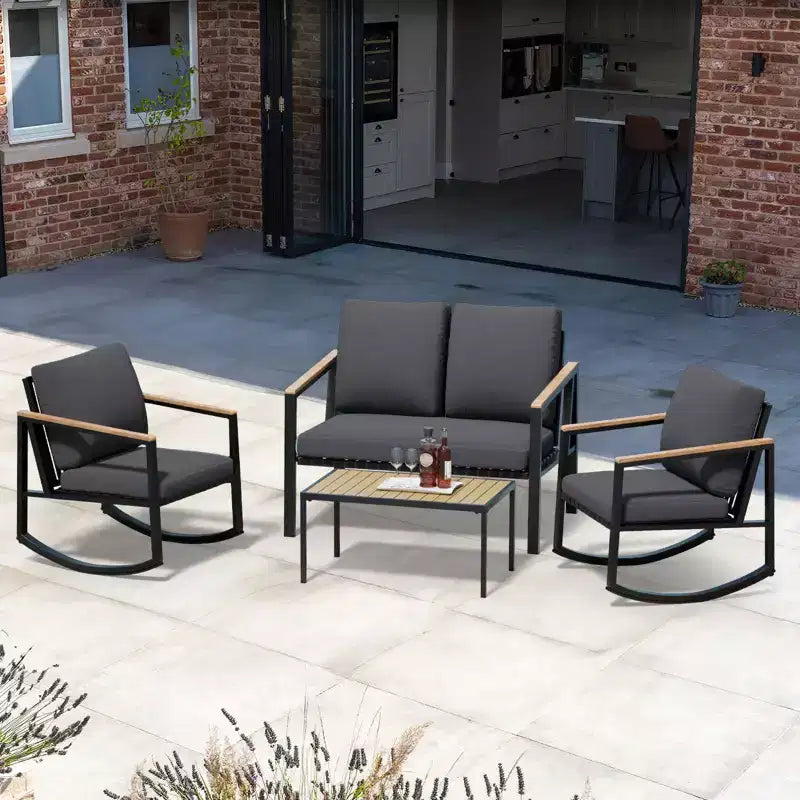 Ensemble de conversation d'extérieur 4 pièces en métal avec coussins, 2 chaises à bascule et table basse