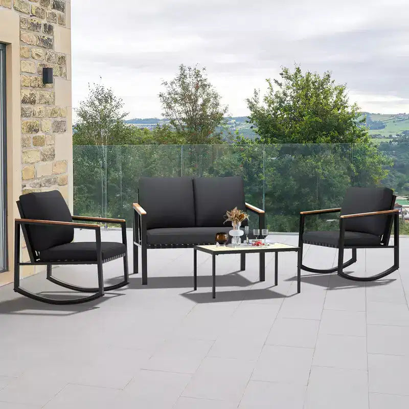 Ensemble de conversation d'extérieur 4 pièces en métal avec coussins, 2 chaises à bascule et table basse