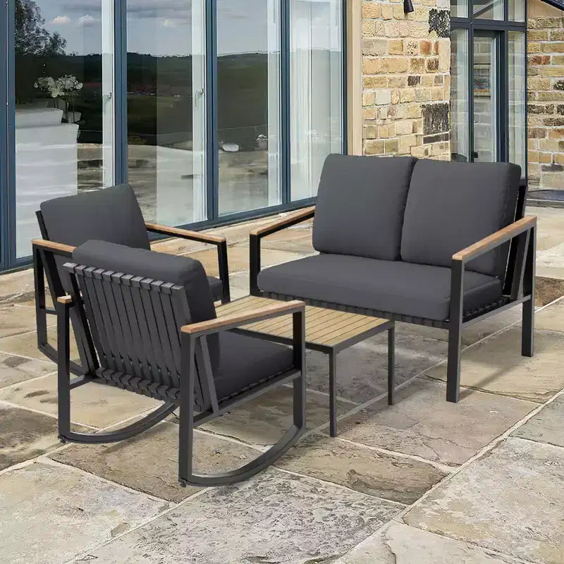 Ensemble de conversation d'extérieur 4 pièces en métal avec coussins, 2 chaises à bascule et table basse