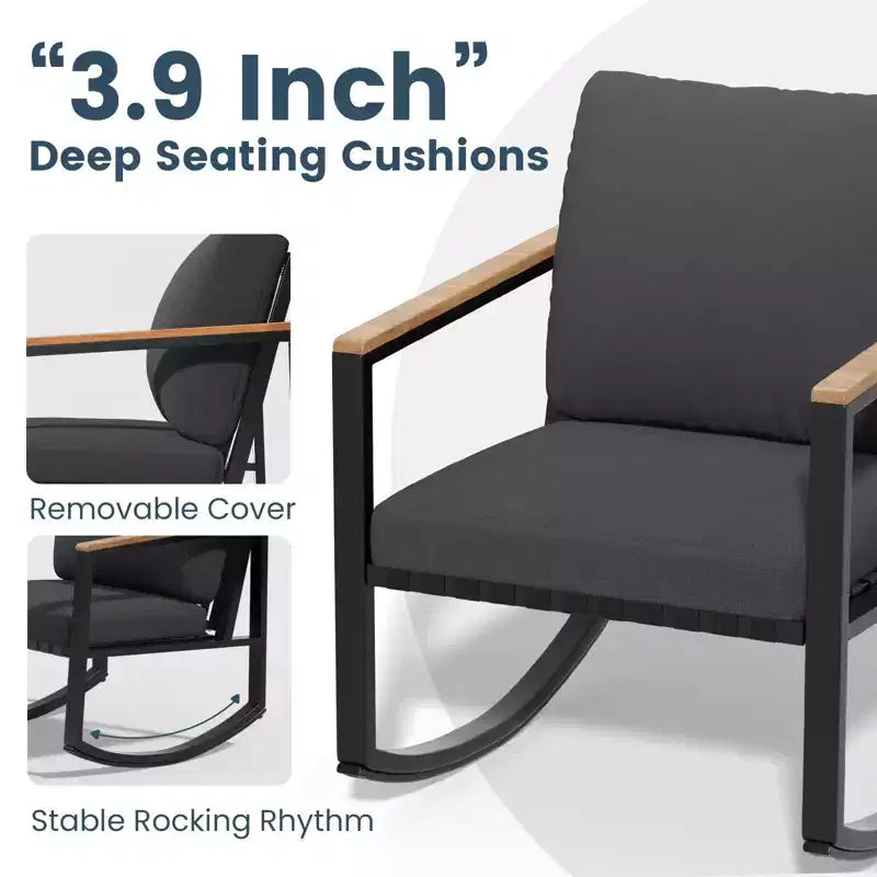 Ensemble de conversation d'extérieur 4 pièces en métal avec coussins, 2 chaises à bascule et table basse